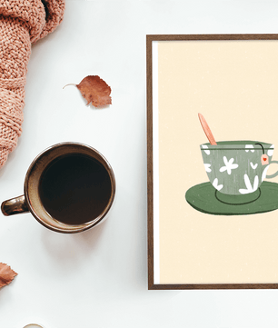 Illustration of a Green Floral Tea Cup with a Tea Bag and Spoon - Mi tienda