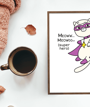 Superhero cat illustration with comic-style text - Mi tienda