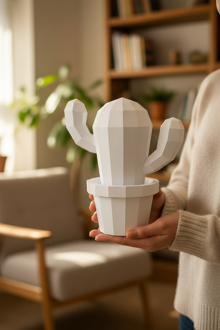 Figura constructor cactus poligonal de papel, manualidad 3D para montar  20x19x10— PaperCraft DIY, figura de cartón para decoración del hogar