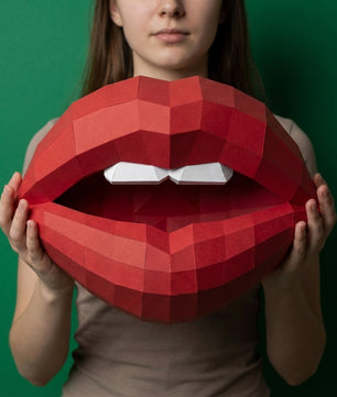 3D lips with teeth papercraft, polygonal paper figure for assembly, 35x26x20 cm, 49 parts – DIY geometric sculpture, unique wall art for creative workspace