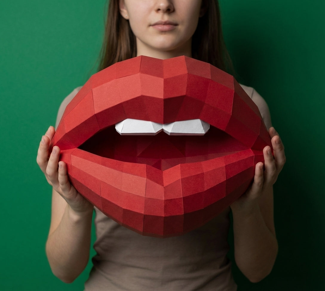 3D lips with teeth papercraft, polygonal paper figure for assembly, 35x26x20 cm, 49 parts – DIY geometric sculpture, unique wall art for creative workspace