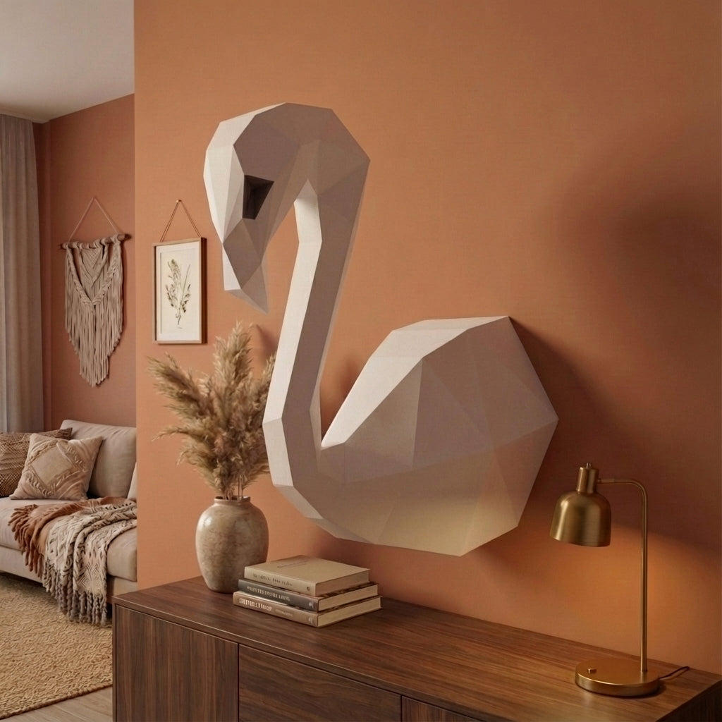 3D Wall Flamingo Papercraft wall flamingo papercraft kit! Polygonal paper art, 37x35x19 cm. Unique DIY wall decor - Mi tienda