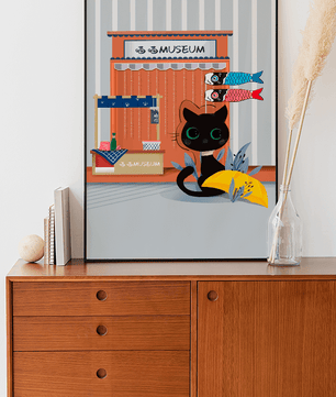 Black cat with Japanese storefront and koi fish flags – cozy and charming wall art - Mi tienda