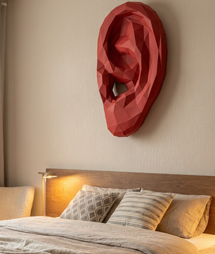 Figura de oreja de papel poligonal 3D para ensamblar 19 x 35 x 14 – kit de manualidades de papercraft decorativo, escultura geométrica moderna para pared sobre la cama
