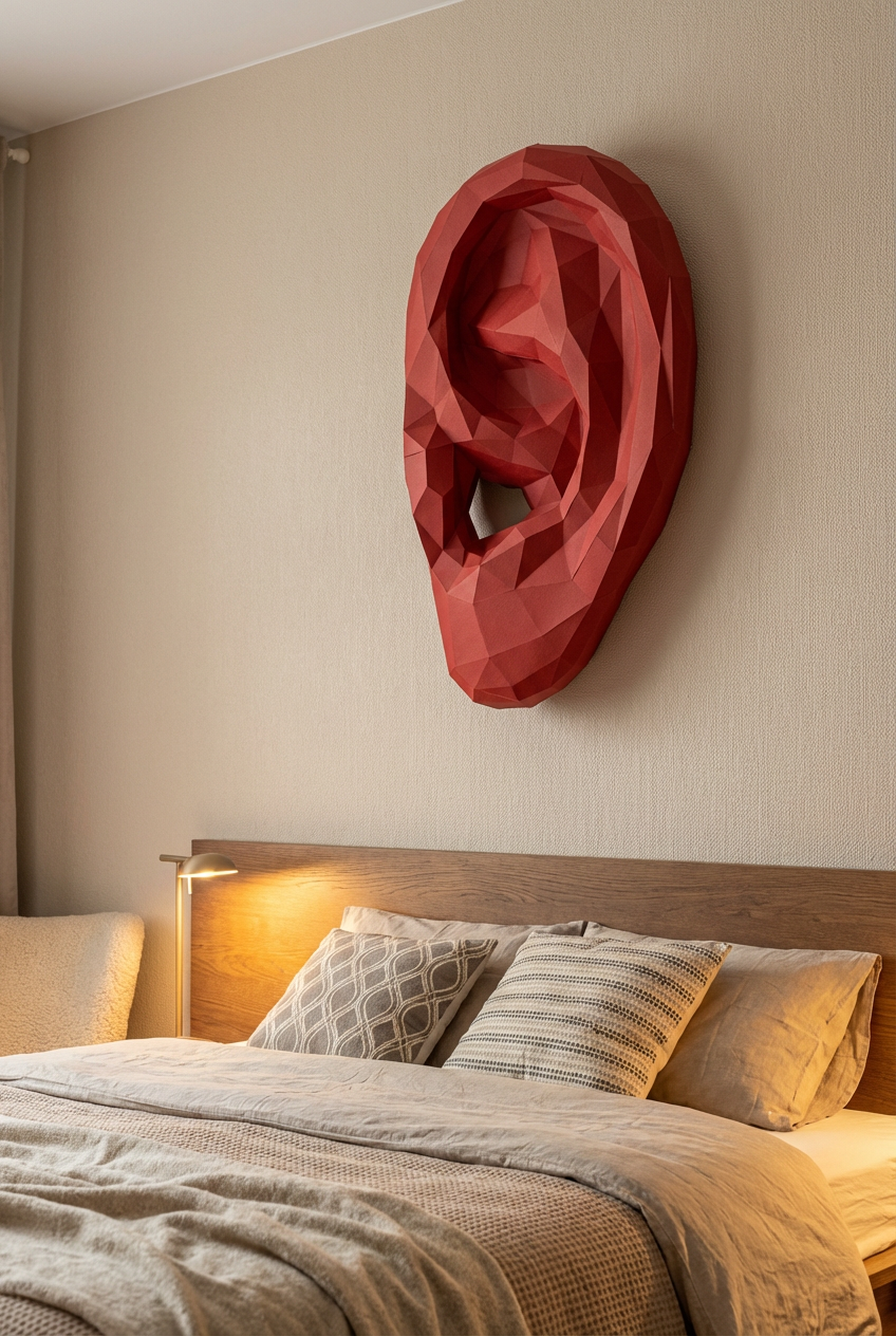 Figura de oreja de papel poligonal 3D para ensamblar 19 x 35 x 14 – kit de manualidades de papercraft decorativo, escultura geométrica moderna para pared sobre la cama