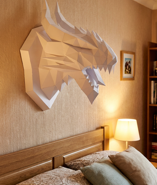 3D polygonal paper dragon head figure for assembly 40 x 29 x 25 – decorative papercraft DIY kit, modern geometric sculpture for wall above the bed - Mi tienda