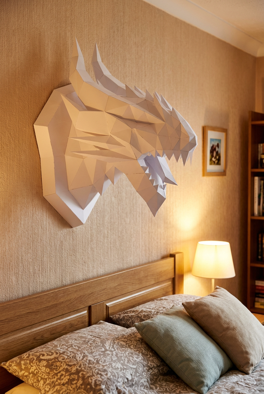 3D polygonal paper dragon head figure for assembly 40 x 29 x 25 – decorative papercraft DIY kit, modern geometric sculpture for wall above the bed - Mi tienda