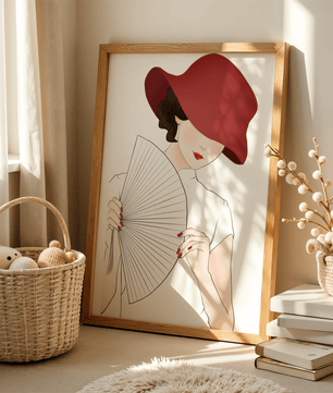Elegant woman with a red hat and fan in a stylish minimalist illustration - Mi tienda