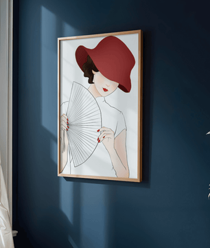 Elegant woman with a red hat and fan in a stylish minimalist illustration - Mi tienda