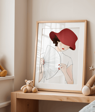Elegant woman with a red hat and fan in a stylish minimalist illustration - Mi tienda