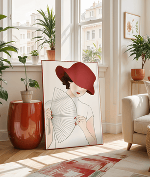 Elegant woman with a red hat and fan in a stylish minimalist illustration - Mi tienda