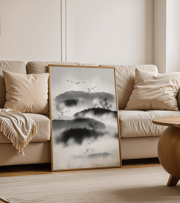 Misty mountain landscape with birds and bare trees