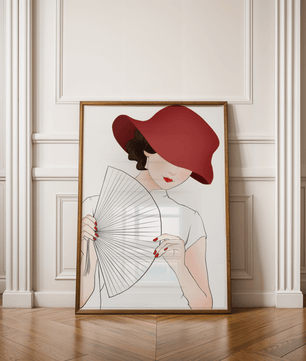 Elegant woman with a red hat and fan in a stylish minimalist illustration - Mi tienda