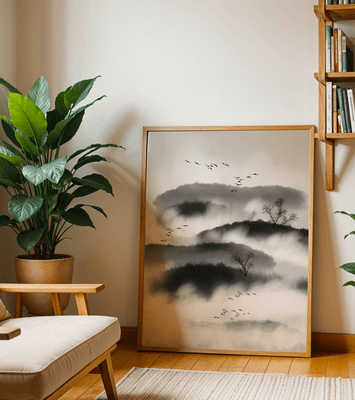 Misty mountain landscape with birds and bare trees