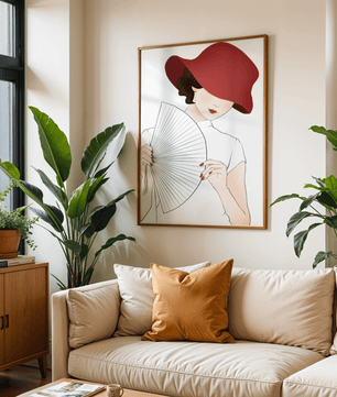 Elegant woman with a red hat and fan in a stylish minimalist illustration - Mi tienda