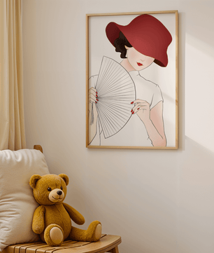 Elegant woman with a red hat and fan in a stylish minimalist illustration - Mi tienda