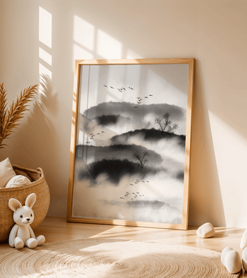 Misty mountain landscape with birds and bare trees