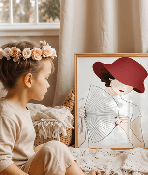 Elegant woman with a red hat and fan in a stylish minimalist illustration - Mi tienda