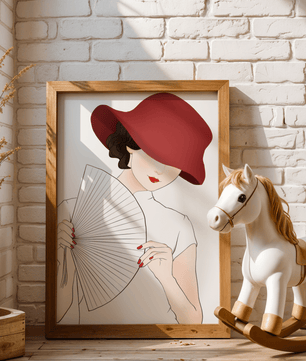 Elegant woman with a red hat and fan in a stylish minimalist illustration - Mi tienda