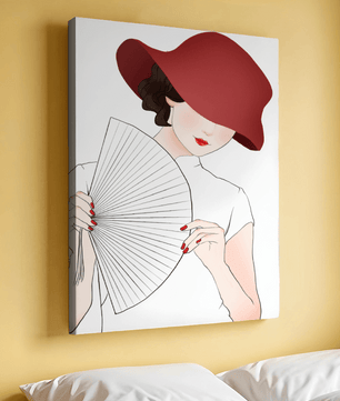 Elegant woman with a red hat and fan in a stylish minimalist illustration - Mi tienda