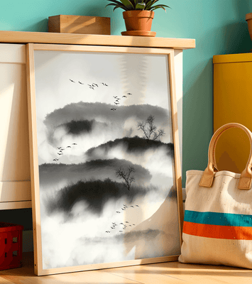Misty mountain landscape with birds and bare trees