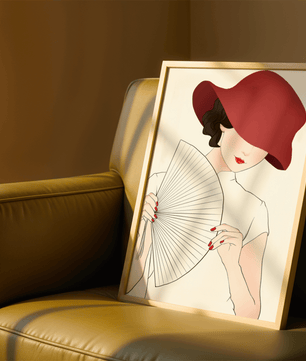 Elegant woman with a red hat and fan in a stylish minimalist illustration - Mi tienda