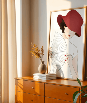 Elegant woman with a red hat and fan in a stylish minimalist illustration - Mi tienda