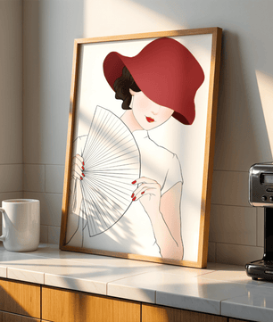 Elegant woman with a red hat and fan in a stylish minimalist illustration - Mi tienda