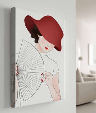 Elegant woman with a red hat and fan in a stylish minimalist illustration - Mi tienda