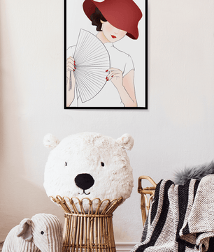 Elegant woman with a red hat and fan in a stylish minimalist illustration - Mi tienda