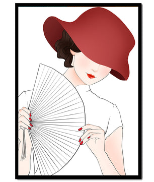 Elegant woman with a red hat and fan in a stylish minimalist illustration - Mi tienda