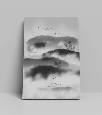 Misty mountain landscape with birds and bare trees