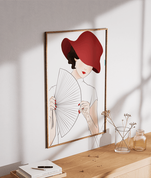 Elegant woman with a red hat and fan in a stylish minimalist illustration - Mi tienda