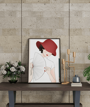 Elegant woman with a red hat and fan in a stylish minimalist illustration - Mi tienda