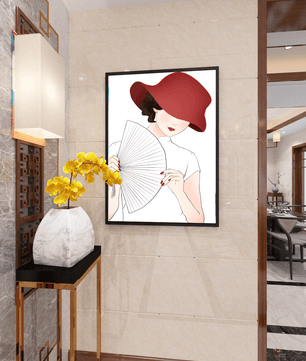 Elegant woman with a red hat and fan in a stylish minimalist illustration - Mi tienda