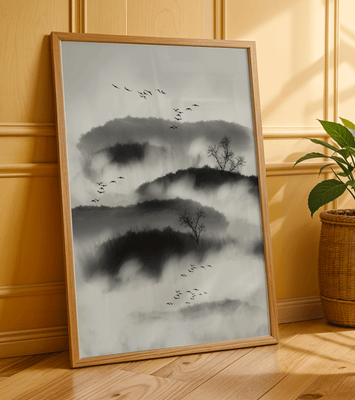 Misty mountain landscape with birds and bare trees