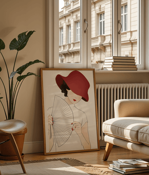 Elegant woman with a red hat and fan in a stylish minimalist illustration - Mi tienda
