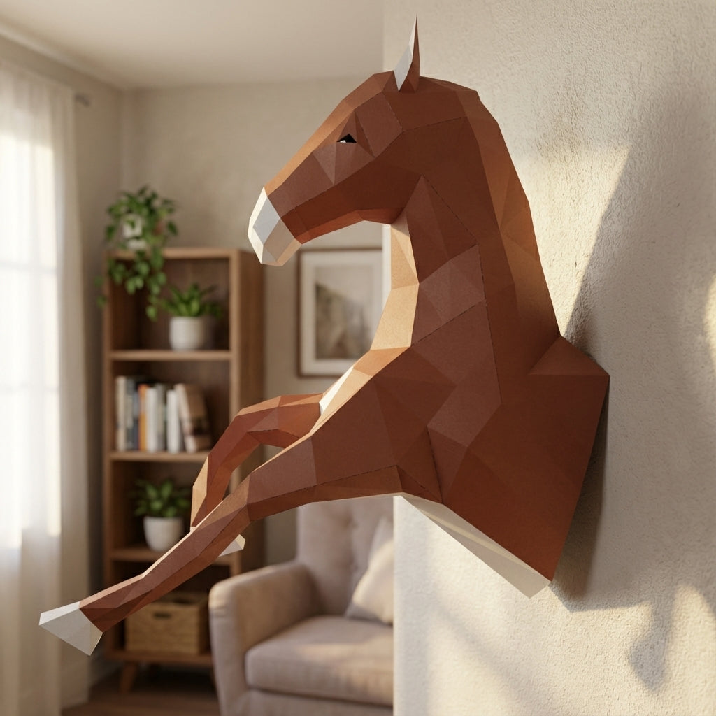 Cabeza de caballo para colgar en la pared papercraft 3D, escultura de papel poligonal DIY, 51x16x35 cm, 59 piezas – Decoración de pared geométrica, kit de montaje, trofeo de caballo decorativo para dormitorio juvenil