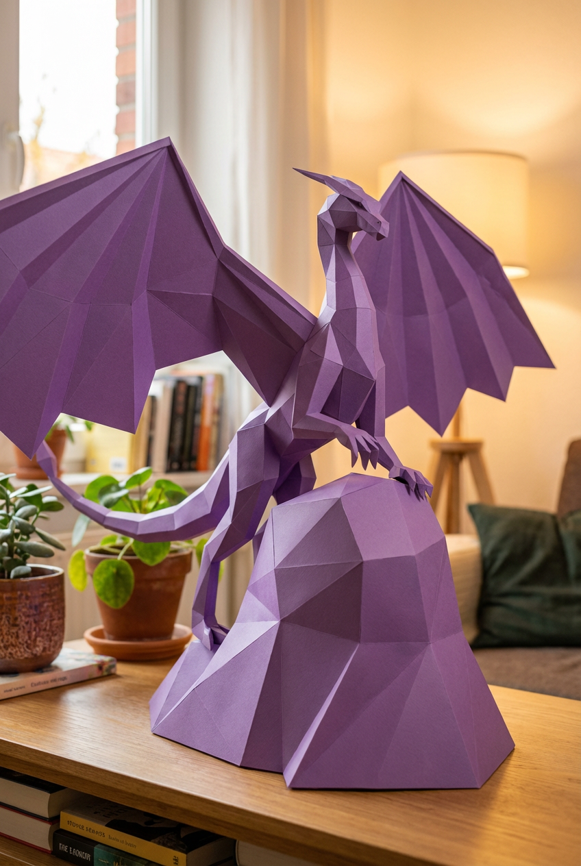 3D polygonal paper dragon figure to assemble on a rock 43x60x36 – DIY papercraft decorative kit, modern geometric sculpture for table or shelf - Mi tienda