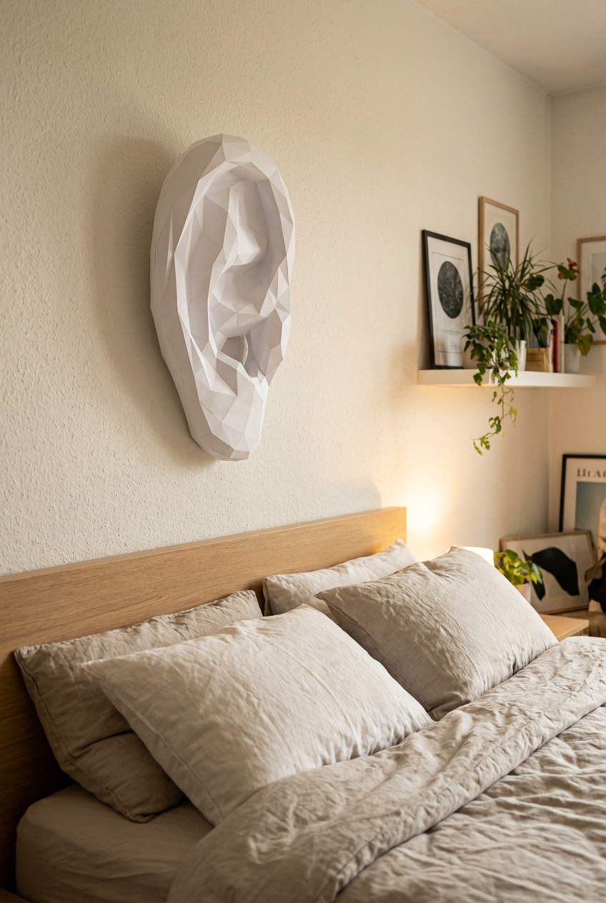 Figura de oreja de papel poligonal 3D para ensamblar 19 x 35 x 14 – kit de manualidades de papercraft decorativo, escultura geométrica moderna para pared sobre la cama