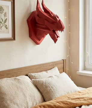 3D polygonal paper dragon head figure for assembly 40 x 29 x 25 – decorative papercraft DIY kit, modern geometric sculpture for wall above the bed - Mi tienda