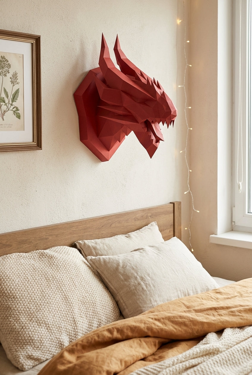 3D polygonal paper dragon head figure for assembly 40 x 29 x 25 – decorative papercraft DIY kit, modern geometric sculpture for wall above the bed - Mi tienda