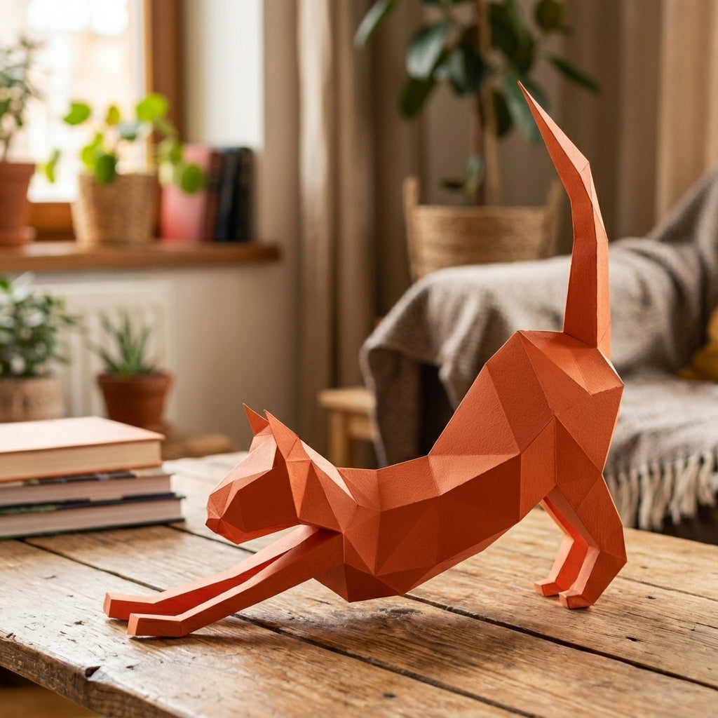 Discover our stretching cat 3D papercraft kit — a creative paper project for mindful breaks and modern home accents. This hand-assembled polygonal feline adds a quirky touch to your office - Mi tienda