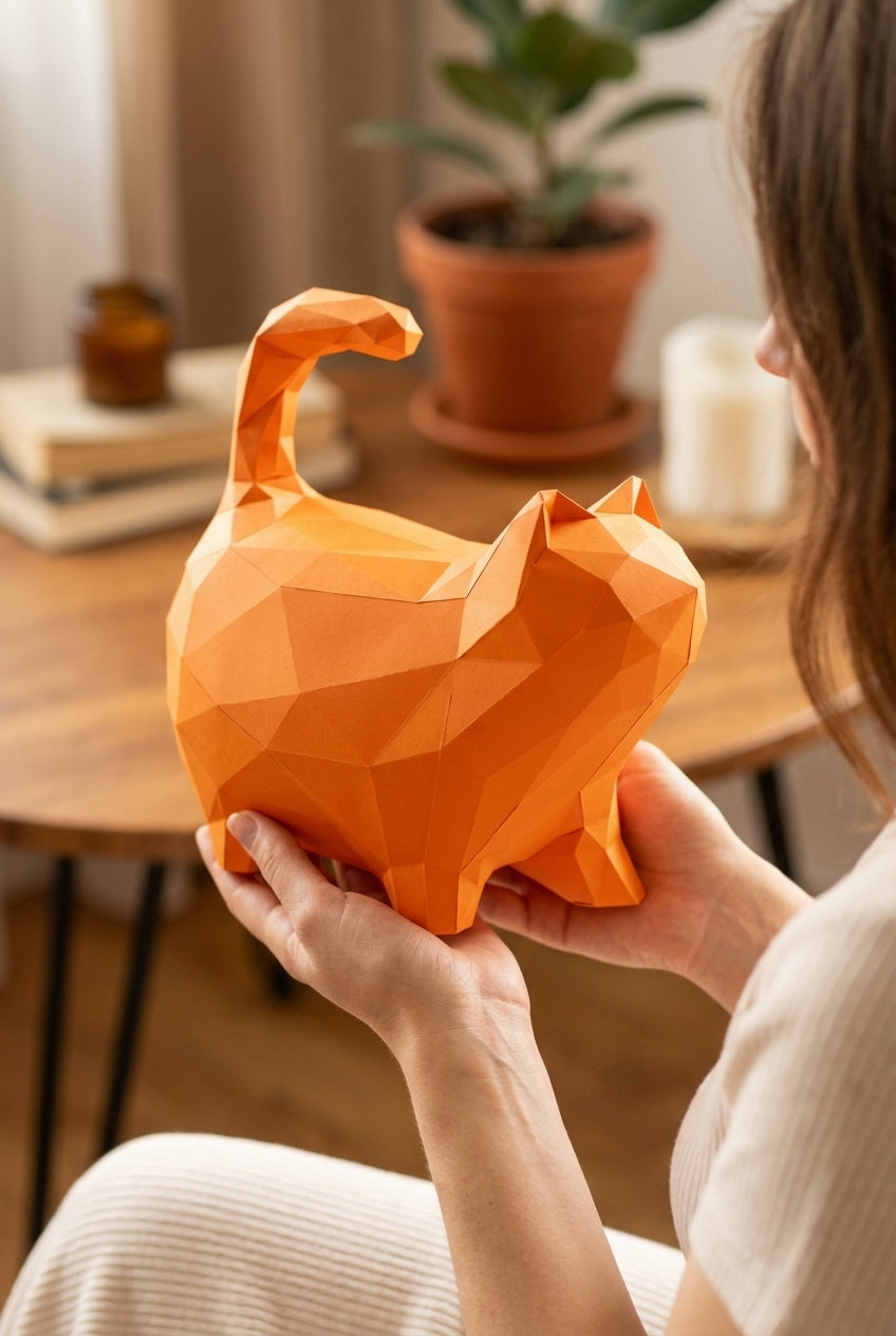 Cat polygonal paper figure for assembly 30 x 33 x 16 – papercraft DIY craft, sculptural cardboard cat for modern home decoration - Mi tienda
