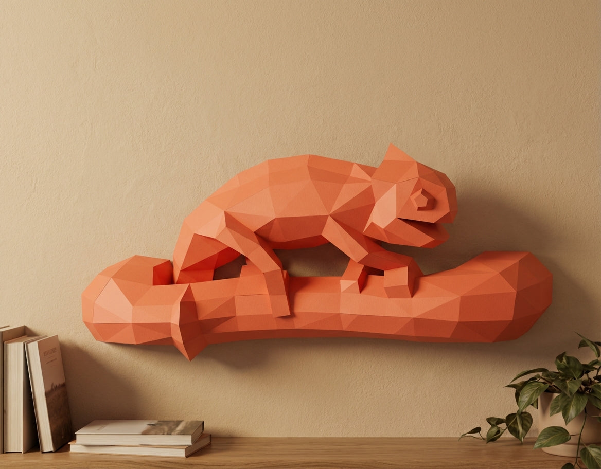 Geometric chameleon papercraft wall sculpture on branch, 3d polygonal lizard, 41x12x19 cm, creative diy kit for unique modern home or office decor - Mi tienda