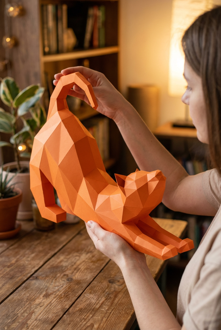 Figura Poligonal 3D de Gato en Papel para Montar 40x32x12 – Kit Decorativo PaperCraft DIY, Escultura Geométrica Moderna para Mesa o Estantería