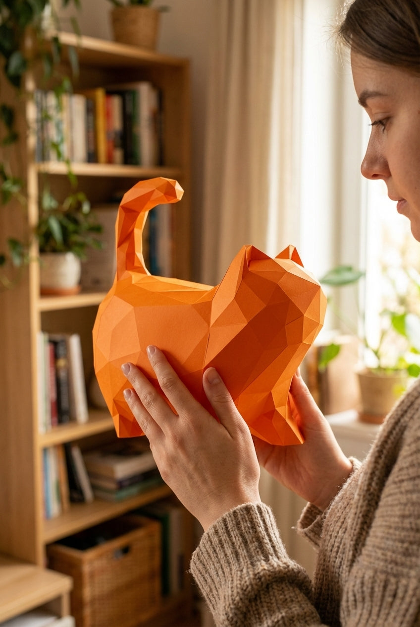 Cat polygonal paper figure for assembly 30 x 33 x 16 – papercraft DIY craft, sculptural cardboard cat for modern home decoration - Mi tienda