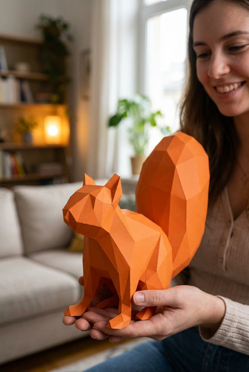 Ardilla Poligonal 3D de Papel para Montar 27x32x10– Kit Decorativo PaperCraft DIY, Escultura Moderna de Cartón, Decoración Geométrica para el Hogar
