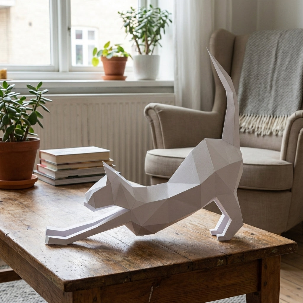 Discover our stretching cat 3D papercraft kit — a creative paper project for mindful breaks and modern home accents. This hand-assembled polygonal feline adds a quirky touch to your office - Mi tienda