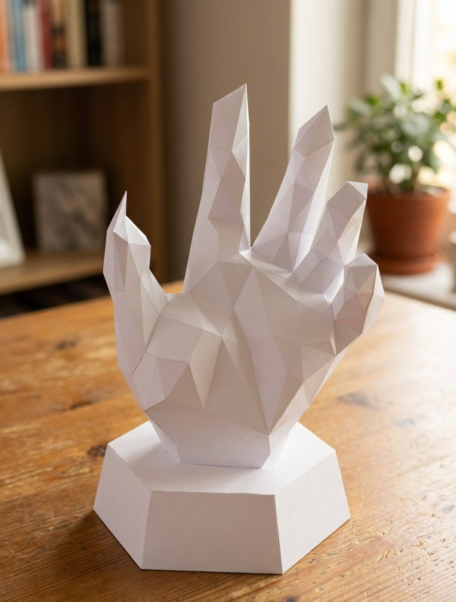 Papercraft hand on stand 3D polygonal paper figure for assembly 40x26x20, 59 parts – DIY craft jewelry holder, sculptural cardboard hand for modern decor - Mi tienda